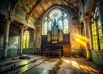 Obraz premium Abandoned West Virginia Chapel Interior: Historic Wood Organ & Sunlit Ruins