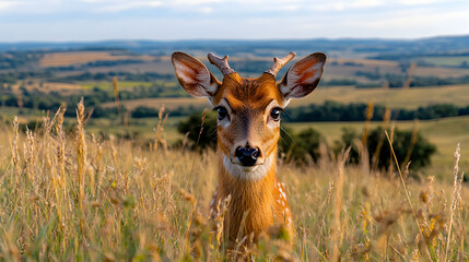 Young deer in field, hilltop, summer. Wildlife nature photo