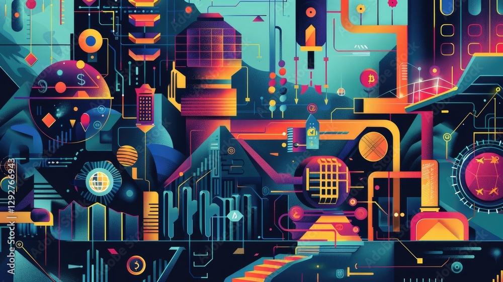 Poster this abstract geometric design showcases vibrant colors and intricate patterns. it represents conver