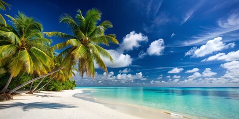Fototapeta premium Tranquil Tropical Beach with Palm Trees and Clear Blue Waters