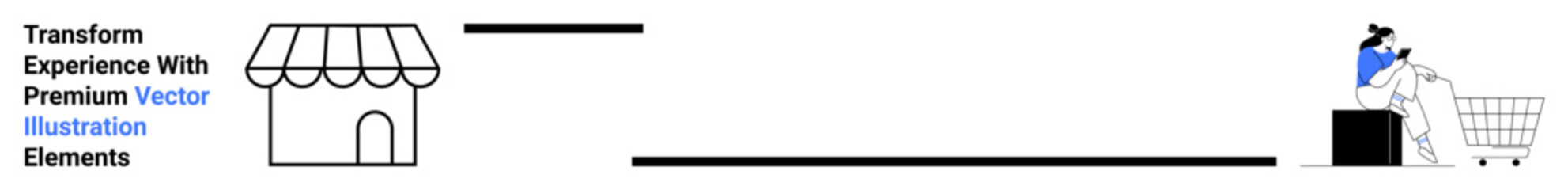 Storefront with awning and shopper pushing cart representing retail, shopping, ecommerce, local business concepts. Ideal for marketing, branding, sales, strategy, logistics flat landing page banner