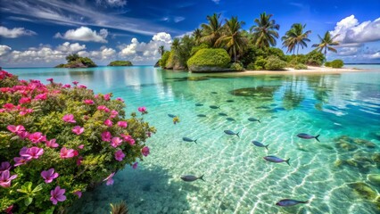 Obraz premium Serene Tropical Lagoon with Clear Water, Fish, and Vibrant Flowers