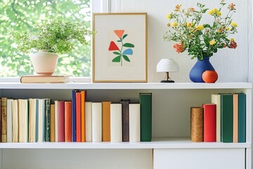 Bright Cozy Bookshelf Arrangement With Flowers, Artwork And Plants Creating An Inviting Atmosphere For Online Meetings