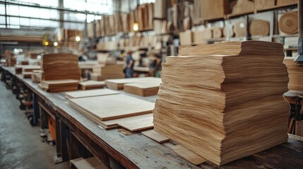 A bustling wood workshop showcasing stacked timber sheets and artisans crafting furniture
