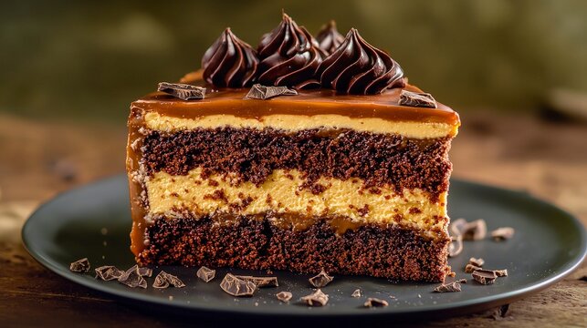 Indulgent slice of hungarian dobos torta culinary delight rustic kitchen closeup focus sweetness unveiled