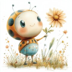 Adorable Insect Character Holding Flower In Field