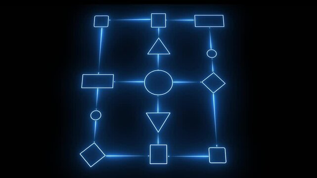 Business process and workflow automation with flowchart. Business and technology concept. Visualizes step-by-step progression through a procedure or system on black background.