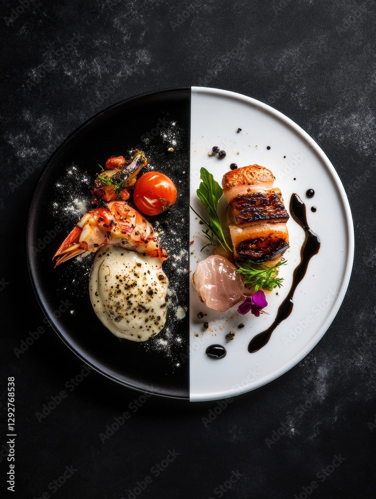 Poster exquisite culinary presentation highlighting fresh ingredients and artistic plating techniques for f