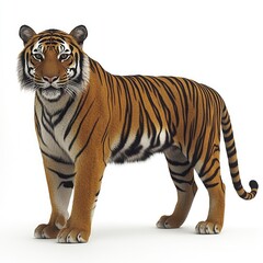 Obraz premium A realistic 3D rendering of a tiger standing confidently on a white background.