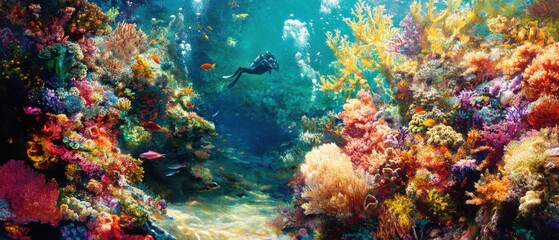 Fototapeta premium Diving adventure among vibrant coral reefs tropical ocean nature exploration underwater paradise immersive experience