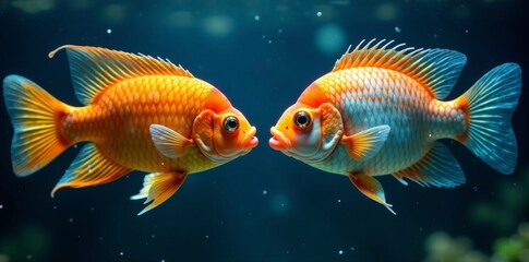 Fototapeta premium Colorful fighting fish in crystal clear water against dark blue background, water, crystal