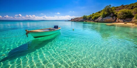 Obraz premium Tranquil turquoise waters with a solitary boat on a sunny day