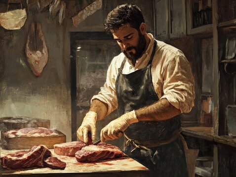 Butcher preparing fresh cuts of meat in artisan shop culinary scene rustic environment close-up view craftsmanship