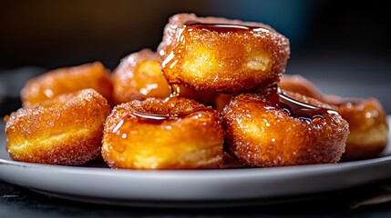 Delicious peruvian picarones with golden syrup a close-up of dessert delight in food photography