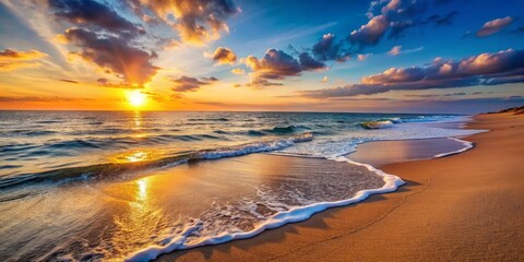 Naklejka premium Serene Beach Sunset with Vibrant Colors and Gentle Waves