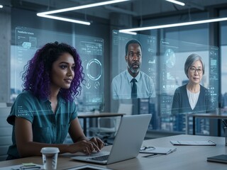 Futuristic Virtual Meeting: Holographic Collaboration in a Modern Office Setting