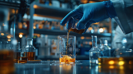 A close-up of a scientist&rsquo;s gloved hands pouring a vibrant liquid into a test tube, highlighting laboratory glassware and precision in chemistry tools during a scientific experiment