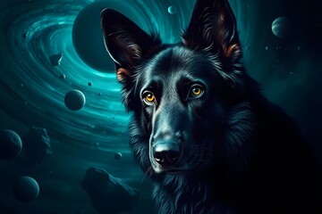 A majestic black German Shepherd dog set against a swirling, teal-toned cosmic backdrop with asteroids and planets. 
