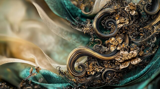 Intricate coiling lines and kanok motifs design textile art luxurious fabric artistic environment close-up view