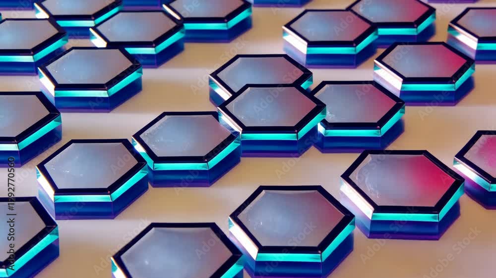 Poster A close up of a hexagonal pattern. The pattern is blue and red. The blue and red colors are very bright