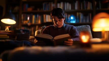 Obraz premium Cozy Night Reading: A Young Man Immersed in a Book by Warm Lamplight