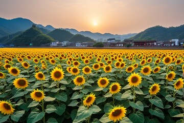Obraz premium there is a field of sunflowers in front of a mountain