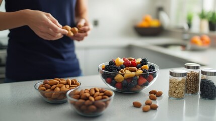 Hypertension patient preparing heart-healthy snacks in the kitchen. Featuring healthy eating and wellness