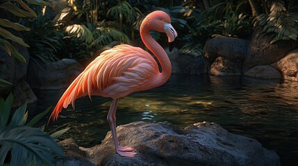 Fototapeta premium A pink flamingo stands gracefully by a serene pond surrounded by lush greenery.
