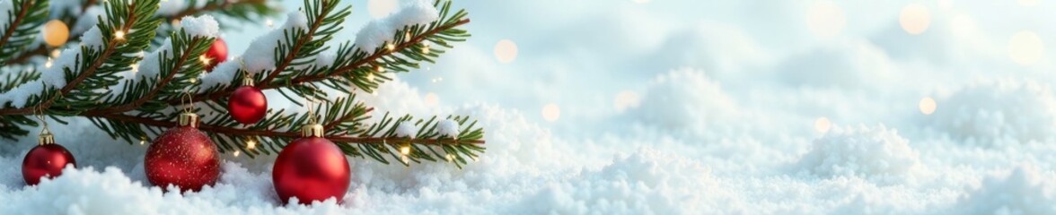 Obraz premium Festive Christmas branch on snowy white surface adorned with glittering golden accents, Christmas tree branch, golden ornaments