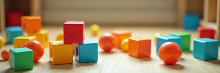 Colorful blocks scattered on the floor with children's toys and balls , colors, playtime