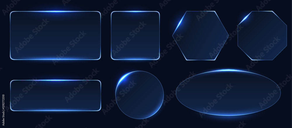 Fototapete futuristic glass frame set group, glowing blue gradient panel background, big screen data visulization dashboard element, high tech translucent effect surface