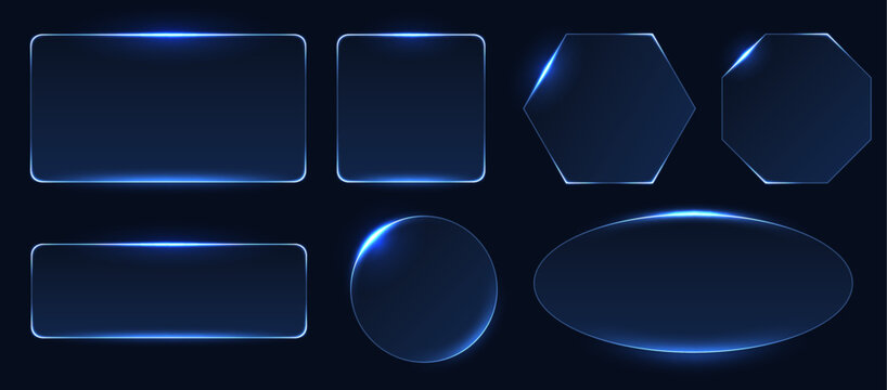 futuristic glass frame set group, glowing blue gradient panel background, big screen data visulization dashboard element, high tech translucent effect surface