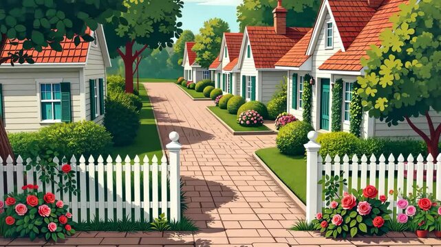 A white picket fence separates a residential street from a row of houses. The houses are predominantly white with red accents, giving the area a charming and quaint appearance