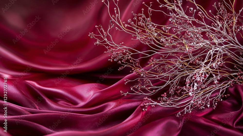 Poster Elegant kanok design with branching curves on silky red fabric artistic display luxurious setting