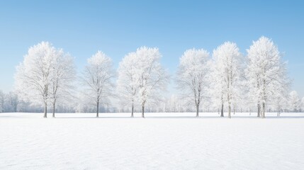 Fototapeta premium Winter wonderland, frosted trees, snow-covered field, serene landscape, tranquil scene, great for screensavers