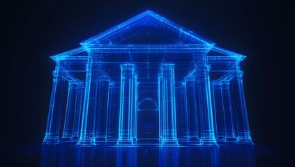 Obraz premium Digital Ancient Building, Wireframe, Architecture, Blue Glow, Dark Background