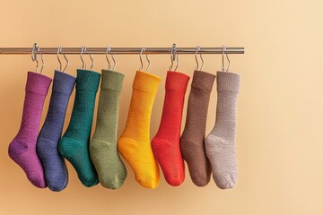 Hanger with basic color socks on beige background