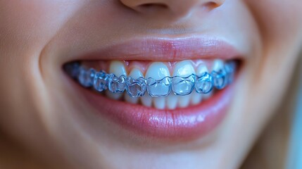 Woman with clear aligners, happy smile, dental health, close-up