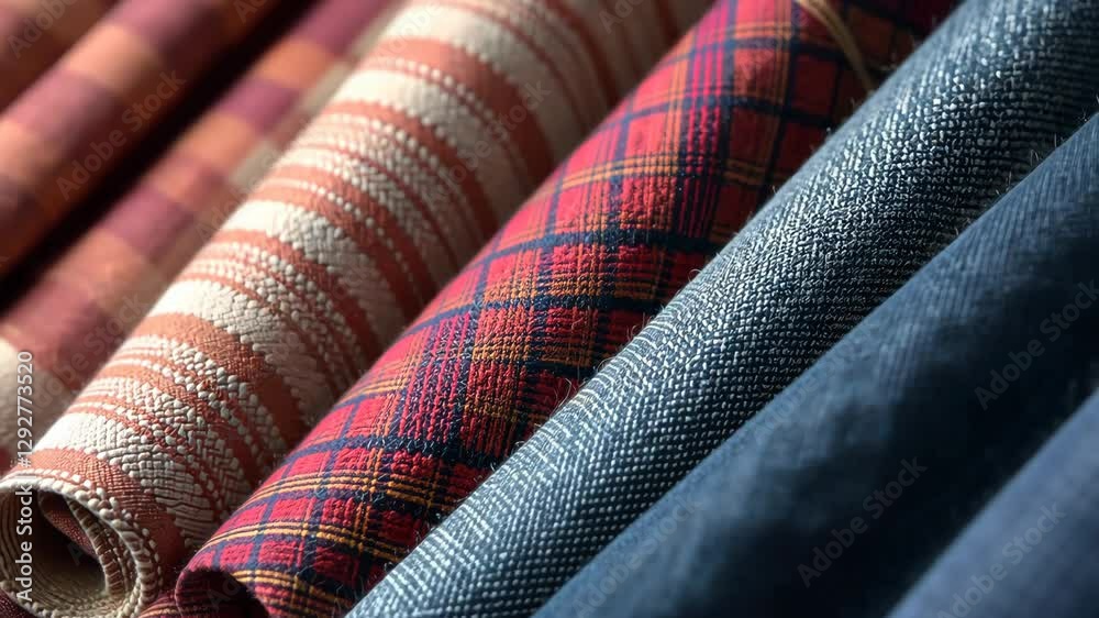 Poster A row of different colored fabric with a blue stripe. The blue stripe is on the left side of the row