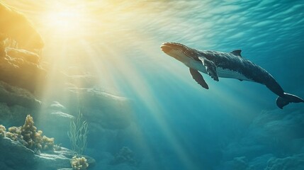 Obraz premium Whale swimming ocean sunlit reef background
