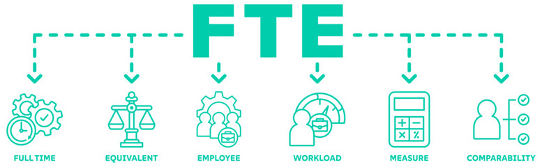 FTE banner web icon vector illustration concept of full time equivalent with icon of full-time, equivalent, employee, workload, measure and comparability 