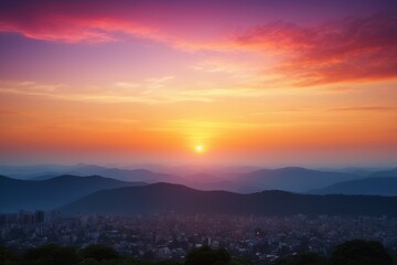 Obraz premium sunset over a city with mountains and a colorful sky