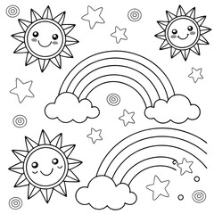 Smiling Suns and Stars Cute Sky Design for Kids to Enjoy Coloring