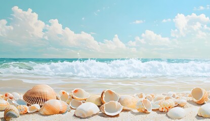 Seashells on sandy beach, ocean waves, blue sky