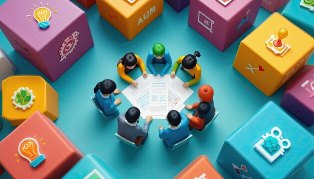 Collaborative team meeting office space illustration creative environment bird's eye view