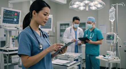 Obraz premium A dedicated head nurse in scrubs using a digital tablet to monitor patient health vitals.