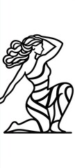 Fototapeta premium Elegant Minimalist Line Art of a Graceful Woman Kneeling with Flowing Hair, Wearing a Stylish Abstract Dress, Expressing Strength, Beauty, and Feminine Energy in a Bold Black Ink Illustration