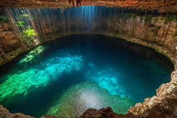 Obraz premium there is a large pool of water in a cave with a skylight