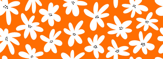 Hand drawn white flower seamless pattern. Floral repeating wallpaper for textile design, fabric, print, wrapping paper. Cute daisy flowers on red orange background. Vector repeated cute ditsy texture