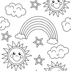 Fun and Cheerful Sky-Themed Coloring Page with Happy Suns and Stars